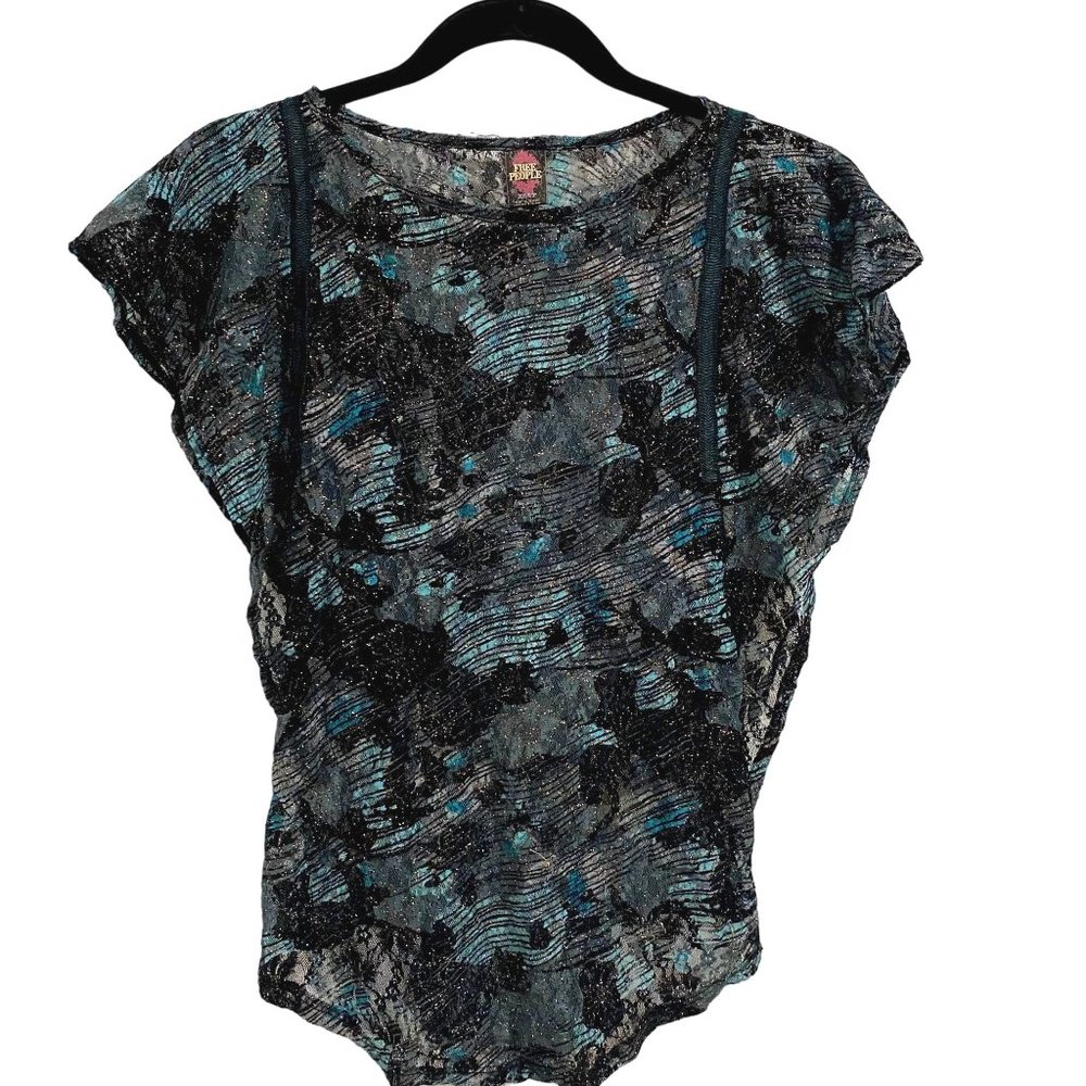 Free People‎ Blue Black Lace Blouse Size XS